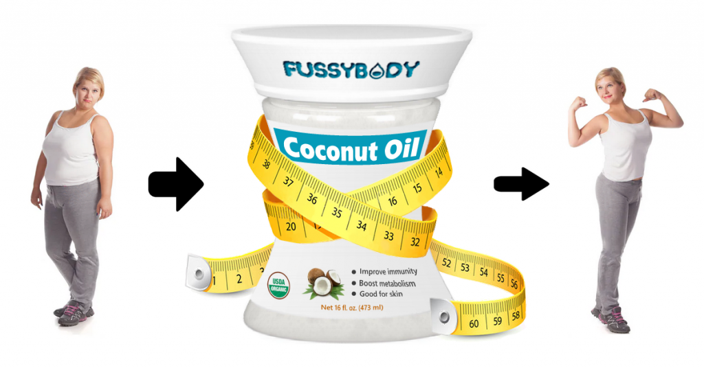 Beautiful fat woman loses weight after using FussyBody coconut oil surrounded with measuring tape