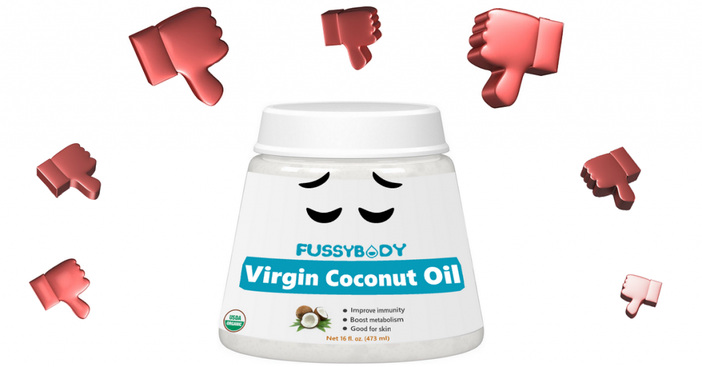 Seven red thumbs-down representing disadvantages surrounding FussyBody virgin coconut oil