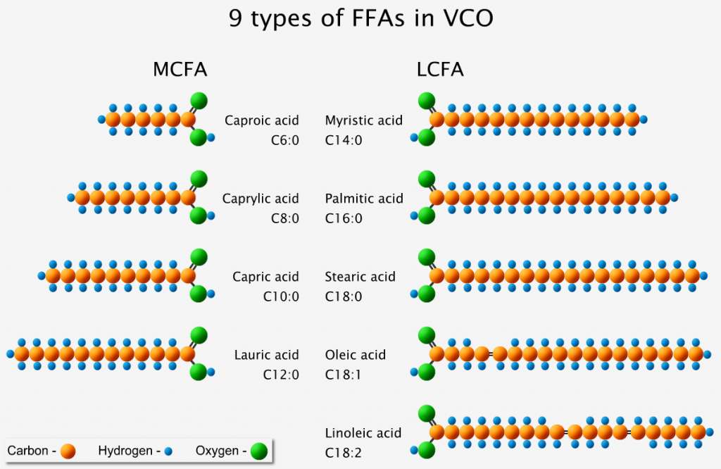 9 types of free fatty acids in virgin coconut oil